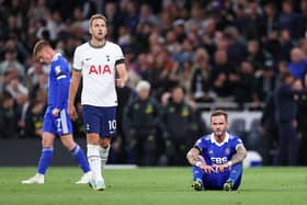 LONDON, ENGLAND - SEPTEMBER 17: Harry Kane of Tottenham Hotspur and James Maddison of Leicester City react after the final whistle in the Premier League match between Tottenham Hotspur and Leicester City at Tottenham Hotspur Stadium on September 17, 2022 in London, England. (Photo by Ryan Pierse/Getty Images)