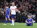 Harry Kane of Tottenham Hotspur and James Maddison of Leicester City react after the final whistle in the Premier League match between Tottenham Hotspur and Leicester City at Tottenham Hotspur Stadium on September 17, 2022 in London, England. (Photo by Ryan Pierse/Getty Images)