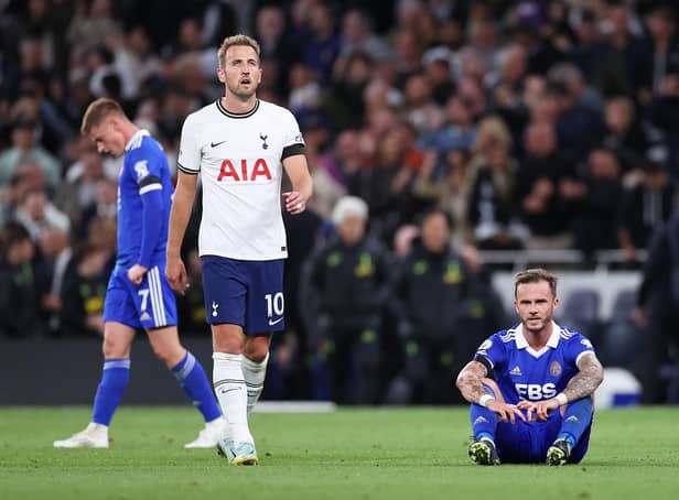 LONDON, ENGLAND - SEPTEMBER 17: Harry Kane of Tottenham Hotspur and James Maddison of Leicester City react after the final whistle in the Premier League match between Tottenham Hotspur and Leicester City at Tottenham Hotspur Stadium on September 17, 2022 in London, England. (Photo by Ryan Pierse/Getty Images)