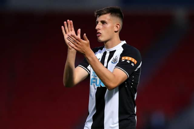 Kell Watts of Newcastle United applauds the fans after the Pre-Season Friendly match between Doncaster Rovers and Newcastle United at at Keepmoat Stadium on July 23, 2021 in Doncaster, England. (Photo by Charlotte Tattersall/Getty Images)