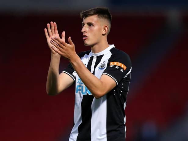 Kell Watts of Newcastle United applauds the fans after the Pre-Season Friendly match between Doncaster Rovers and Newcastle United at at Keepmoat Stadium on July 23, 2021 in Doncaster, England. (Photo by Charlotte Tattersall/Getty Images)