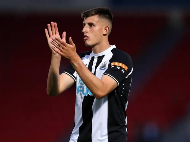 Kell Watts of Newcastle United applauds the fans after the Pre-Season Friendly match between Doncaster Rovers and Newcastle United at at Keepmoat Stadium on July 23, 2021 in Doncaster, England. (Photo by Charlotte Tattersall/Getty Images)