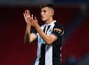 Kell Watts of Newcastle United applauds the fans after the Pre-Season Friendly match between Doncaster Rovers and Newcastle United at at Keepmoat Stadium on July 23, 2021 in Doncaster, England. (Photo by Charlotte Tattersall/Getty Images)