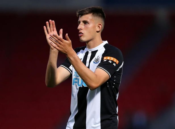 Kell Watts of Newcastle United applauds the fans after the Pre-Season Friendly match between Doncaster Rovers and Newcastle United at at Keepmoat Stadium on July 23, 2021 in Doncaster, England. (Photo by Charlotte Tattersall/Getty Images)