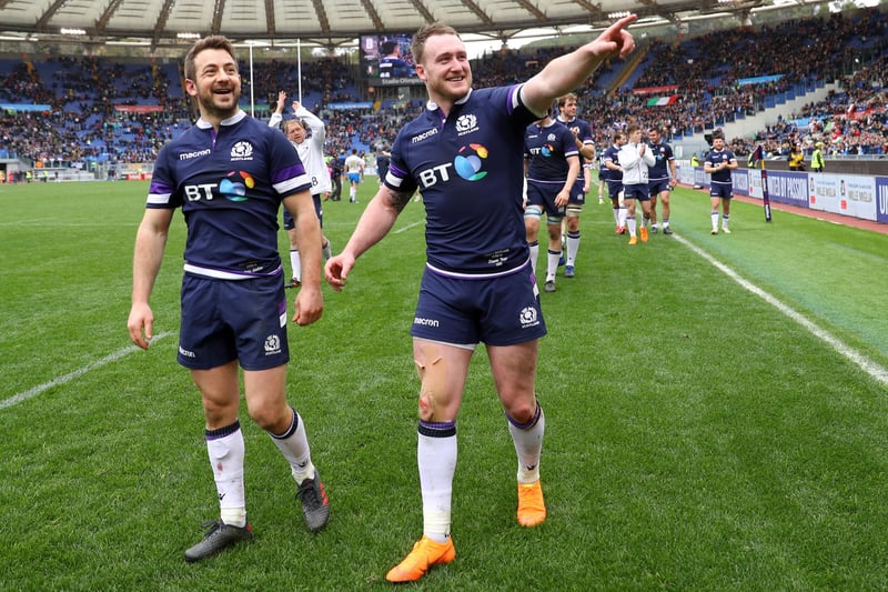 March 17, 2018: Italy 27, Scotland 29
Stuart Hogg and Greig Laidlaw celebrating Scotland's victory by a whisker in their NatWest Six Nations match at the Stadio Olimpico in Rome  (Photo by Warren Little/Getty Images)