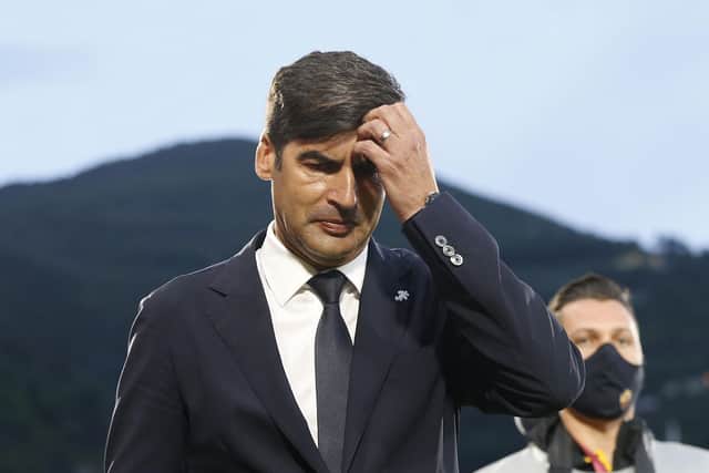 LA SPEZIA, ITALY - MAY 23: Paulo Fonseca manager of AS Roma gestures during the Serie A match between Spezia Calcio and AS Roma at Stadio Alberto Picco on May 23, 2021 in La Spezia, Italy. (Photo by Gabriele Maltinti/Getty Images)