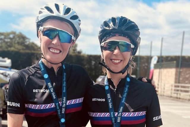 Jen Deighton with a club mate in their Seaburn Retros cycling kit.