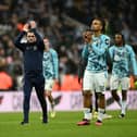 Nathan Jones, Manager of Southampton, and Sekou Mara of Southampton applaud the fans following their defeat in the Carabao Cup Semi Final 2nd Leg match between Newcastle United and Southampton at St James' Park on January 31, 2023 in Newcastle upon Tyne, England. (Photo by Gareth Copley/Getty Images)