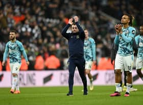 Nathan Jones, Manager of Southampton, and Sekou Mara of Southampton applaud the fans following their defeat in the Carabao Cup Semi Final 2nd Leg match between Newcastle United and Southampton at St James' Park on January 31, 2023 in Newcastle upon Tyne, England. (Photo by Gareth Copley/Getty Images)