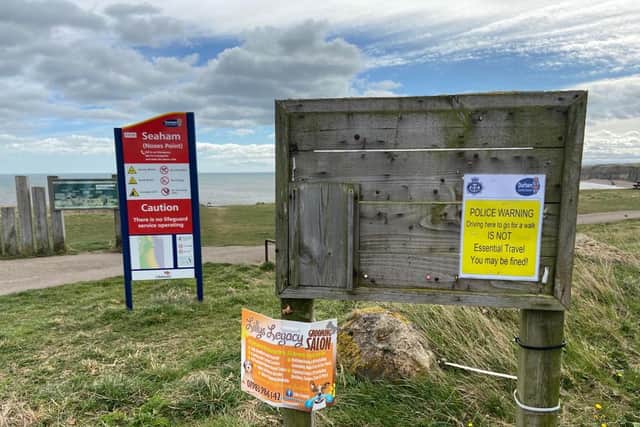 Notices have been put up at Nose's Point at Dawdon in Seaham by Durham Constabulary and Durham County Council stating driving there for a walk is "not essential travel."