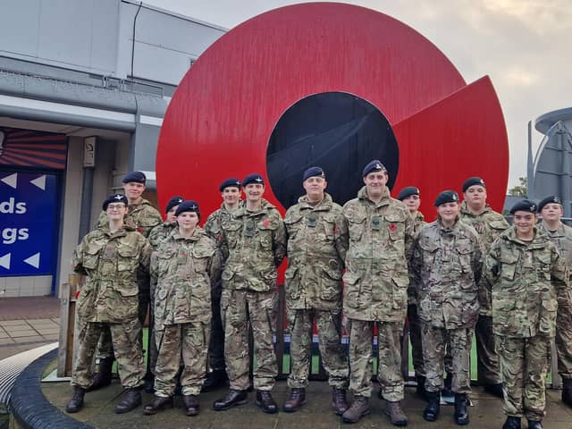 Cadet Lance Corporal Hanlon, Cadets Johnson, Palmer, Graham, Scott, Thomas, Little, Ward, Worsley and Newman, with Cadet Force adult volunteers Sergeant Instructor Thomas, Sergeant Instructor Kyle and Sergeant Instructor Flockton.