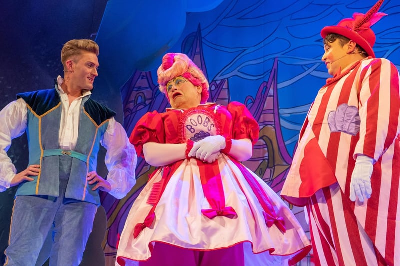 Steven Lee Hamilton as Much, Ray Spencer as Dame Bella Ballcock, Davey Hopper as Arbuthnot in Rapunzel 2021
