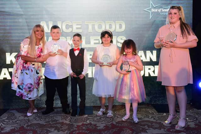 The Child of Courage Award winners - with Mandy Morris (left) of South Tyneside College. Winners are, left to right, Nathan Curry, Jack Lewis, Kayleigh Brennan, Alice Todd and Chloe Curry.