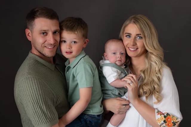 Theo, who is now seven months old is on the road to recovery after leaving hospital in January. Steven Hunt, with four-year-old Joel, baby Theo and wife Danielle Hunt.