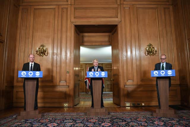 Chief Medical Officer Professor Chris Witty, Prime Minister Boris Johnson and Chief Scientific Adviser Sir Patrick Vallance. Picture: Stefan Rousseau- WPA Pool/Getty Images.