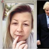 Left: Rosie Ramsey questions how long lockdown will be in place (pic from Rosemarinoramsey Instagram account. Right: Boris Johnson. (pic by Leon Neal/Getty Images)