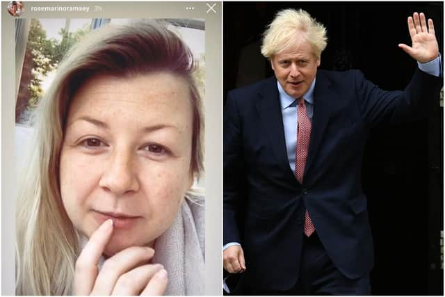 Left: Rosie Ramsey questions how long lockdown will be in place (pic from Rosemarinoramsey Instagram account. Right: Boris Johnson. (pic by Leon Neal/Getty Images)