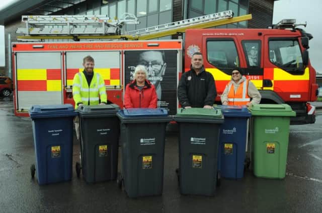 Left to right, South Tyneside Council's Paul O'Neil, Gateshead Council Cllr Linda Green, Tyne and Wear Fire Service Station Manager Steven Bewick, and Sunderland City Council Cllr Louise Farthing, at the Waste and Recycling Visitor and Education Centre, Campground Waste Transfer Station, Springwell, Gateshead.