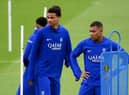 Paris Saint-Germain's French forward Hugo Ekitike and Paris Saint-Germain's French forward Kylian Mbappe take part in a training session at the club's training ground in Saint-Germain-en-Laye on September 13, 2022, on the eve of their UEFA Champions Leage first round group H football match against Maccabi Haifa. (Photo by FRANCK FIFE / AFP) (Photo by FRANCK FIFE/AFP via Getty Images)