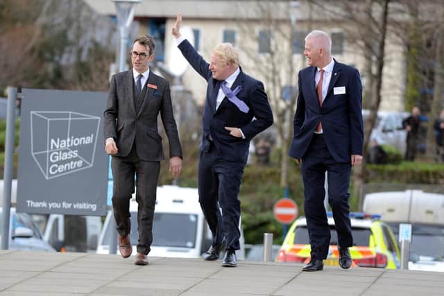 Prime Minister Boris Johnson on a visit to the region in January 2020. Here he's pictured with National Glass Centre Director Keith Merrin, left, and University of Sunderland Vice Chancellor Sir David Bell.