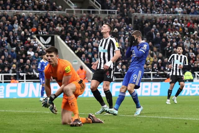 Jamie Vardy of Leicester City reacts after a missed chance during the Carabao Cup Quarter Final match between Newcastle United and Leicester City at St James' Park on January 10, 2023 in Newcastle upon Tyne, England. (Photo by George Wood/Getty Images)