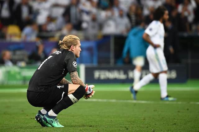 Loris Karius reacts to the third goal conceded by Liverpool in the 2018 Champions League final against Real Madrid.