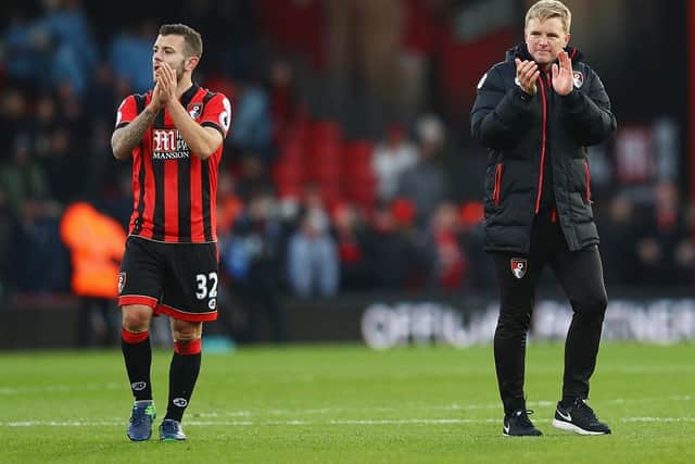 BOURNEMOUTH, ENGLAND - DECEMBER 04: Eddie Howe manager of AFC Bournemouth celebrates victory with Jack Wilshere of AFC Bournemouth after the Premier League match between AFC Bournemouth and Liverpool at Vitality Stadium on December 4, 2016 in Bournemouth, England. (Photo by Michael Steele/Getty Images)