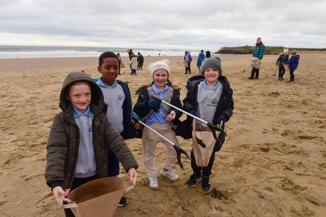 Pupils from St Bede's Primary School, who were litter picking on the beach on Tuesday. Pictured l-r Year 3 pupils Issac Graham, Favor Slocum, Kate Foster and Faris Wyatt