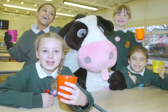 The Broadway Junior School breakfast club in 2009 and the pupils were joined by Charlotte the cow who was the Dairylea Milk Project mascot.