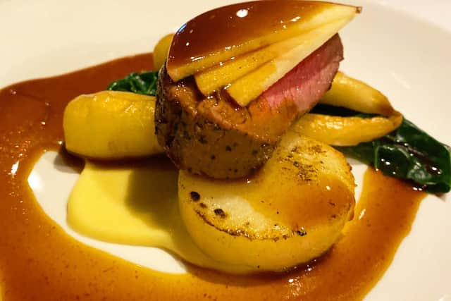 Course 4: Ox Fine Close venison, served with baby parsnip and puree, fondant potato and venison sauce.