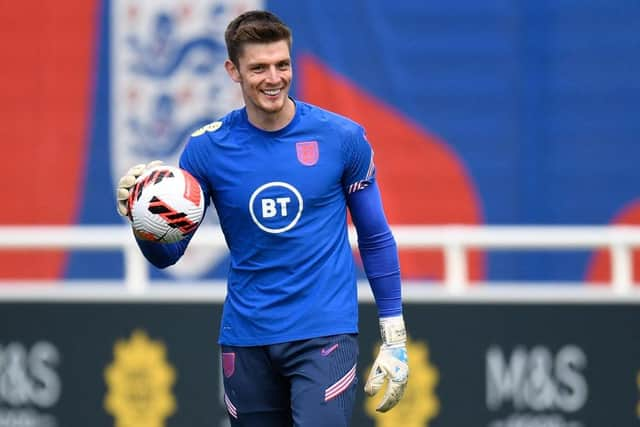 England's goalkeeper Nick Pope attends a team training session St George's Park in Burton-upon-Trent on June 10, 2022 on the eve of thier UEFA Nations League match against Italy. (Photo by OLI SCARFF/AFP via Getty Images)