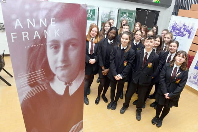 Year 9 pupils at Hebburn Comprehensive School who've been trained as tour guides to show groups around a mobile Holocaust exhibition.