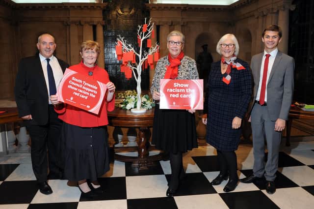 South Tyneside Council Councillors Tracey Dixon, Pat Hay, Joan Atkinson, Ernest Gibson and Adam Ellison with pledges for Show Racism the Red Card.