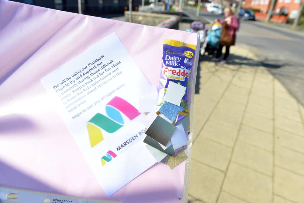 Free activity packs outside Marsden Road Health Centre for children.