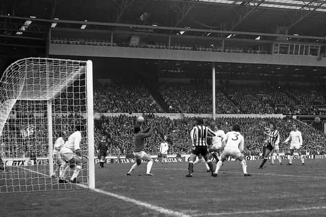 Ian Porterfield scores the winning goal in Sunderland's 1-0 defeat of Leeds United in the FA Cup at Wembley on May 5, 1973.