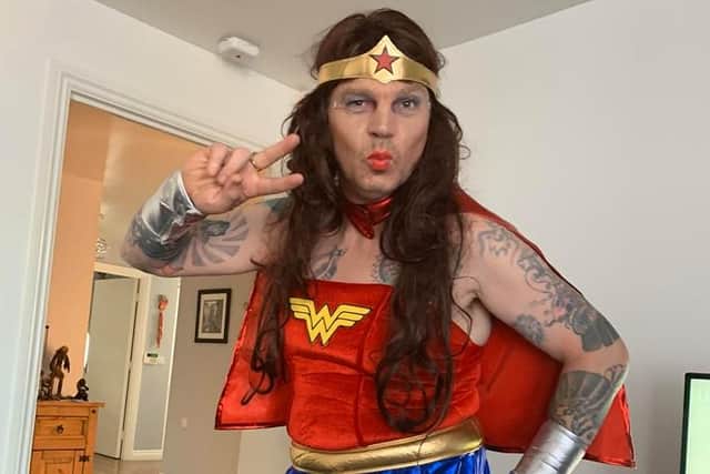 George Thompson as Wonder Woman before his Facebook Live show.