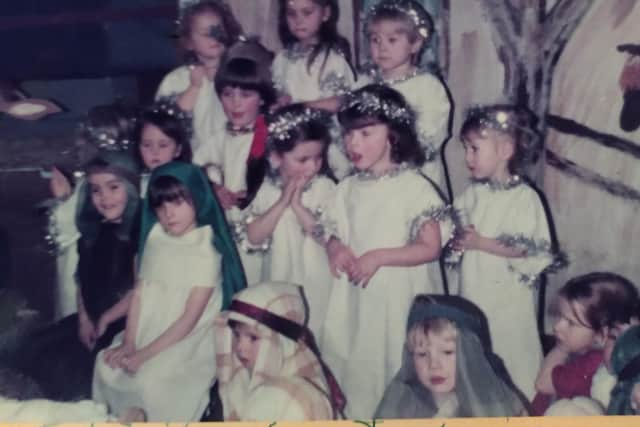 Karen (back right) as an angel in the Hadrian nursery nativity, 1983