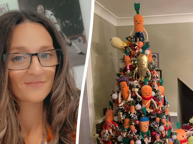 Kevin the Carrot superfan  Chevie Wells and her Christmas tree 

