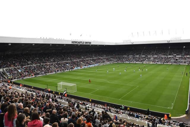 The two teams in action as a packed East Stand, part of a 22,000 crowd during the FA Women's National League Division One North match against Alnwick Town Ladies at St James' Park on May 01, 2022 in Newcastle upon Tyne, England. (Photo by Stu Forster/Getty Images)