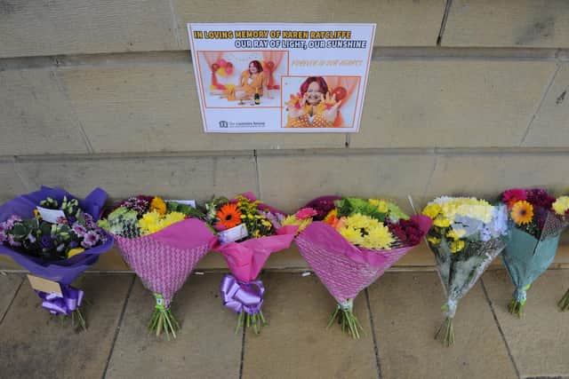 Colouful bouquets line the wall of The Customs House in South Shields where Karen Ratcliffe worked.