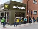 Delivery riders queue up outside a McDonald's restaurant in east London after the restaurant opened for delivery only orders (Photo: DANIEL LEAL-OLIVAS/AFP via Getty Images)