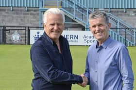 South Shields FC chairman Geoff Thompson with Carl Mowatt.