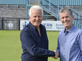 South Shields FC chairman Geoff Thompson with Carl Mowatt.