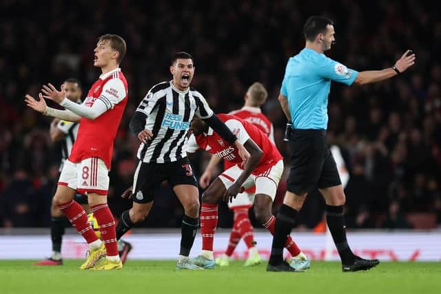 Bruno Guimaraes of Newcastle United reacts during the Premier League match between Arsenal FC and Newcastle United at Emirates Stadium on January 03, 2023 in London, England. (Photo by Julian Finney/Getty Images)