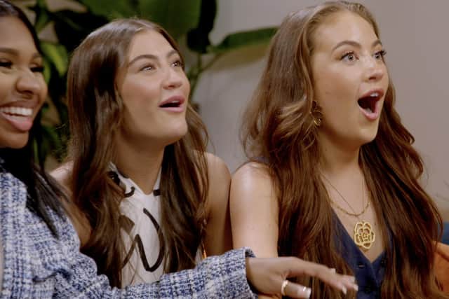 Kaiya, Karli and Tia react as they see their parents looking for love on My Mum, Your Dad, the new ITV dating show hosted by Davina McCall (Picture: ITV)