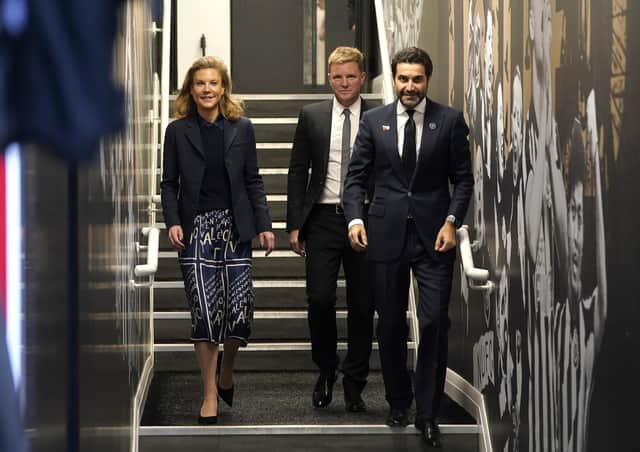 Newcastle United co-owner Amanda Staveley and husband Mehrdad Ghodoussi with new head coach Eddie Howe.
