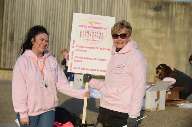 Bright Futures International Women's Day march through South Shields. Bright Futures worker Lindsey Purvis and chair Cllr Joyce Welsh.