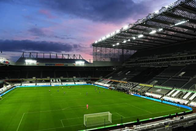 NEWCASTLE UPON TYNE, ENGLAND - JANUARY 03: General view of play during the Premier League match between Newcastle United and Leicester City at St. James Park on January 03, 2021 in Newcastle upon Tyne, England. The match will be played without fans, behind closed doors as a Covid-19 precaution. (Photo by Stu Forster/Getty Images)