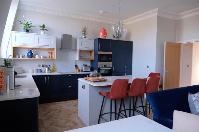 The open plan kitchen in the Ganton apartment at Derwent House. Photo by David Teece