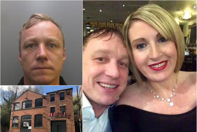 Greg Wilson, who fraudulently claimed to be a hero firefighter with multi-million pound business deals called James Scott. Pictured with his ex-fiance Coleen Greenwood who was taken in by his lies. Also pictured is the empty Newcastle bar Wilson claimed he was going to convert into a boutique hotel with a restaurant run by Gordon Ramsey.